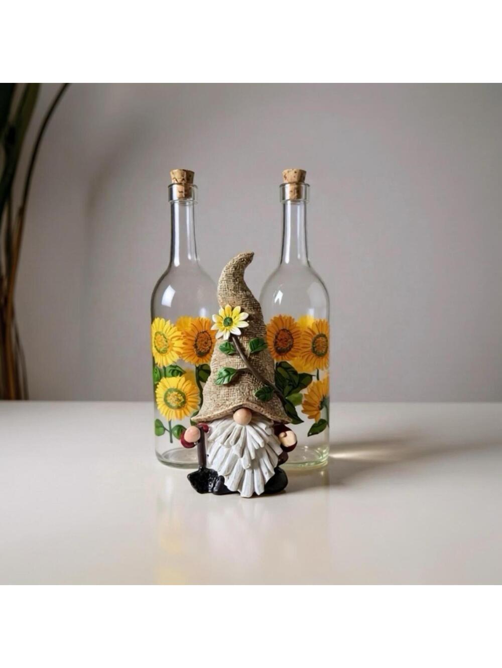 Vintage Sunflower Glass Bottles with Cute Garden Gnome Figurine